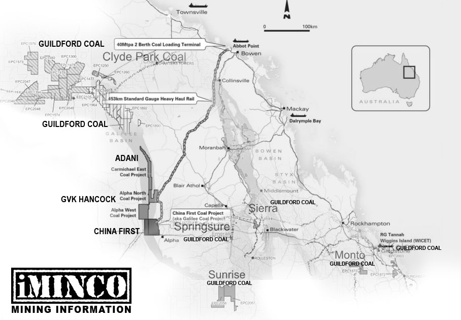 Galilee Basin mines map, GVK, Adani, China First Guildford Coal - iMINCO