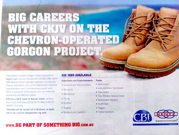WA jobs on the Gorgon Project - CKJV CB & I and Kentz Joint Venture