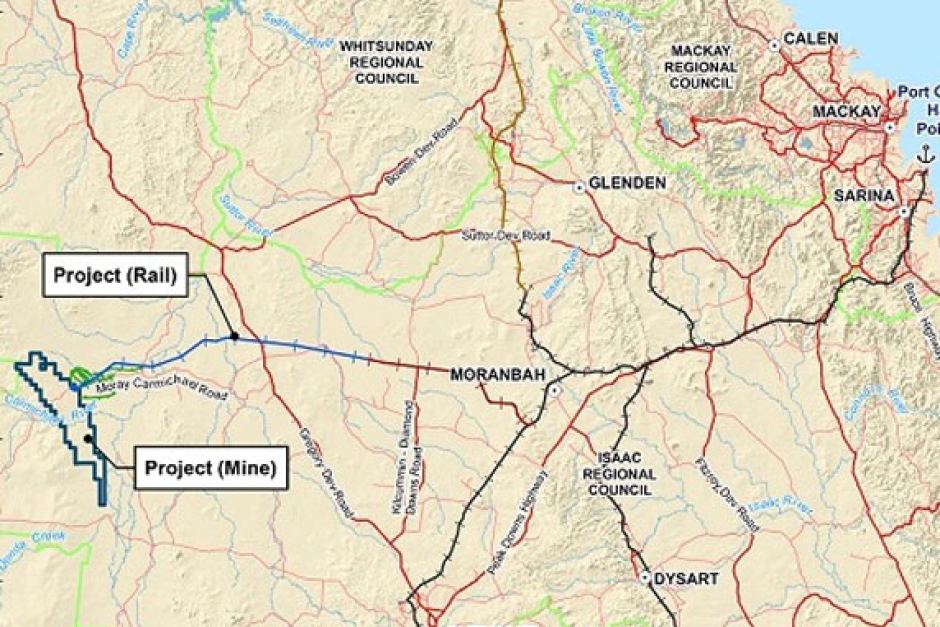 adani carmichael coal mine galilee basin map - showing rail link and mine development areas queensland
